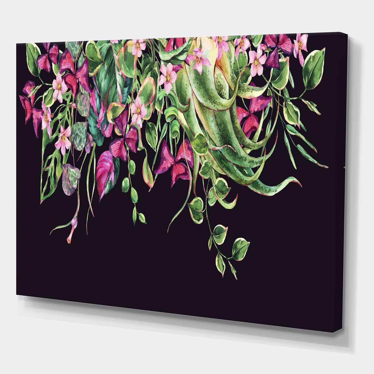 Designart - Floral Tropical Leaves Om Black - Farmhouse Canvas Wall Art Print